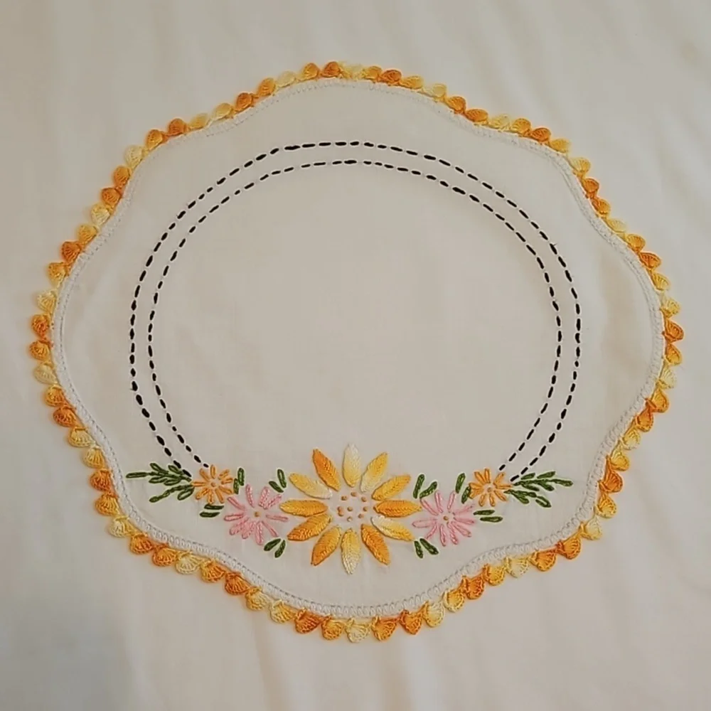 Hand Crafted Needlepoint Doily Circular Set-5 Botanical yellow floral farmhouse
